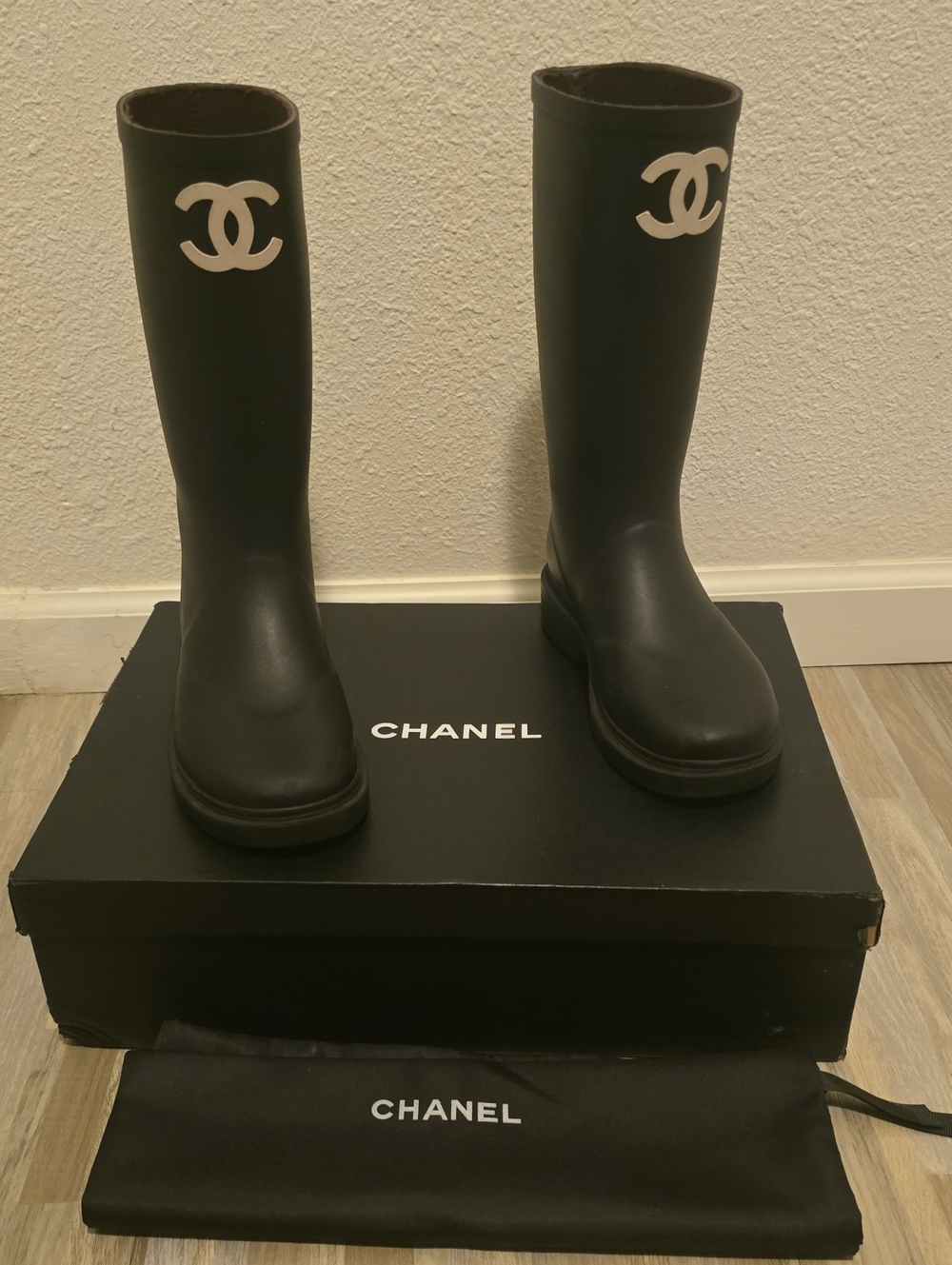 CHANEL Black Tall Rain Boots with White CC Logo